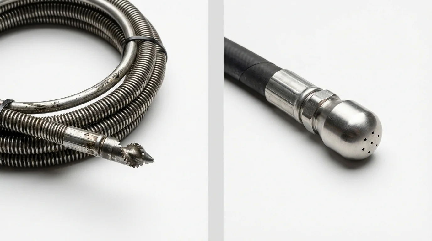 Drain snake cable and hydro jetting nozzle used for drain cleaning in Fowler, CA