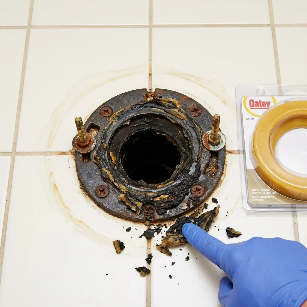 Failed wax ring showing water seepage at the base of a toilet in a Fowler, CA home