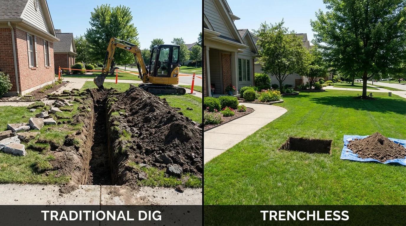 Trenchless sewer repair with minimal yard damage versus traditional excavation in Fowler, CA