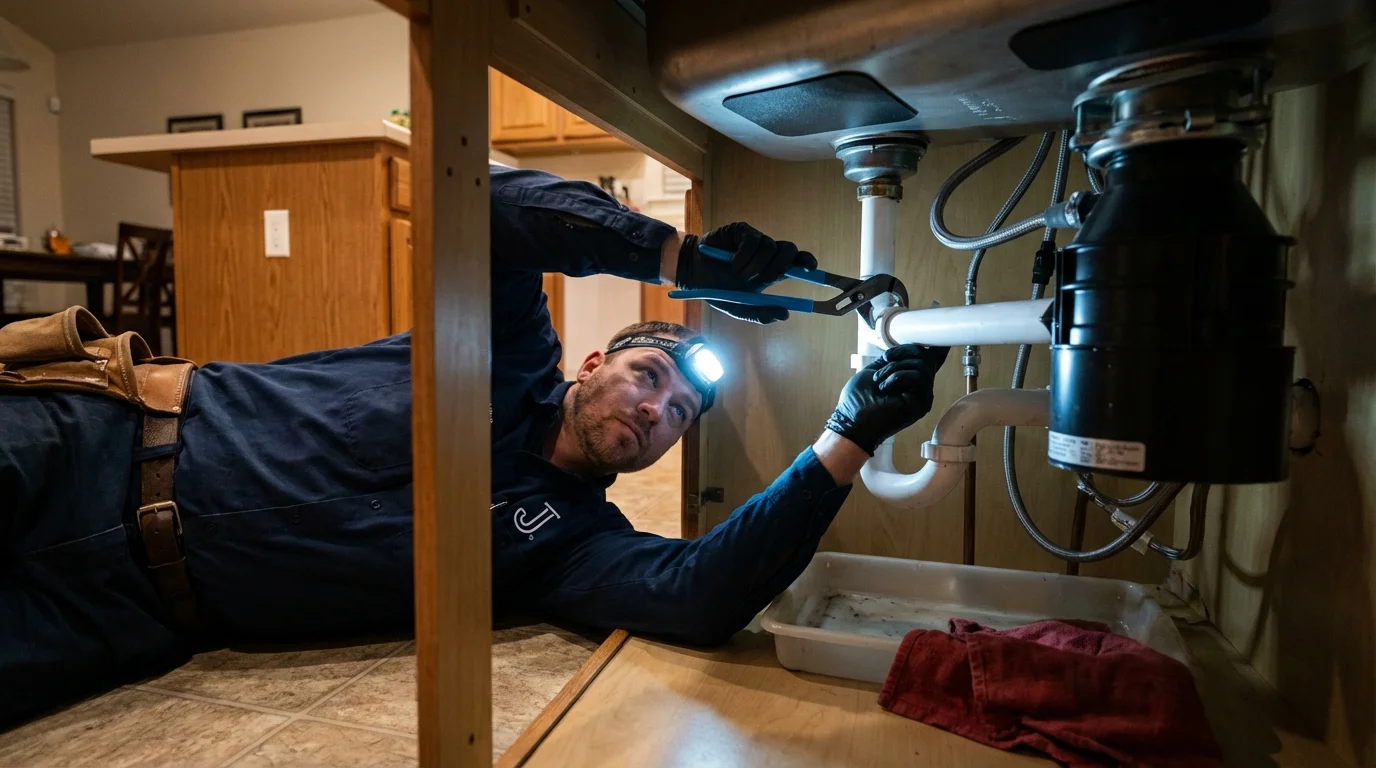 P-trap and supply line connections under a kitchen sink showing a common leak point in Fowler, CA